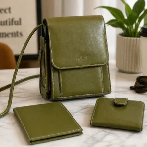 Vintage Buxton Olive Green Leather Crossbody Organizer Bag 3pc Set